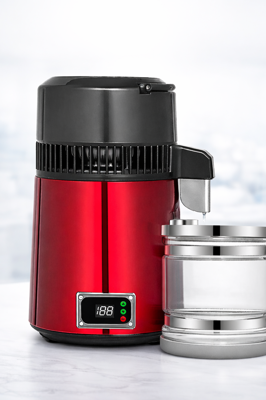 Dahili termostatlı kırmızı distile saf su cihazı, paslanmaz çelik hazne ve cam su kabı ile