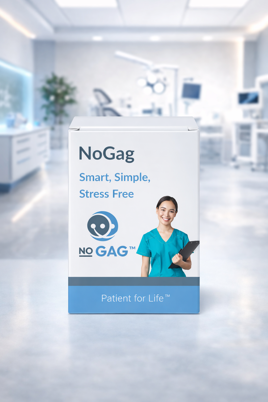 NoGag dental ürünü modern diş kliniği arka planında, hasta konforunu destekleyen profesyonel kullanım ürünü