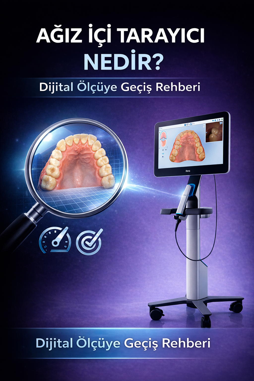 Dijital ölçüye geçiş rehberini anlatan görselde ağız içi tarayıcı sistemi ve ekranda oluşturulan 3D diş modeli yer alıyor.
