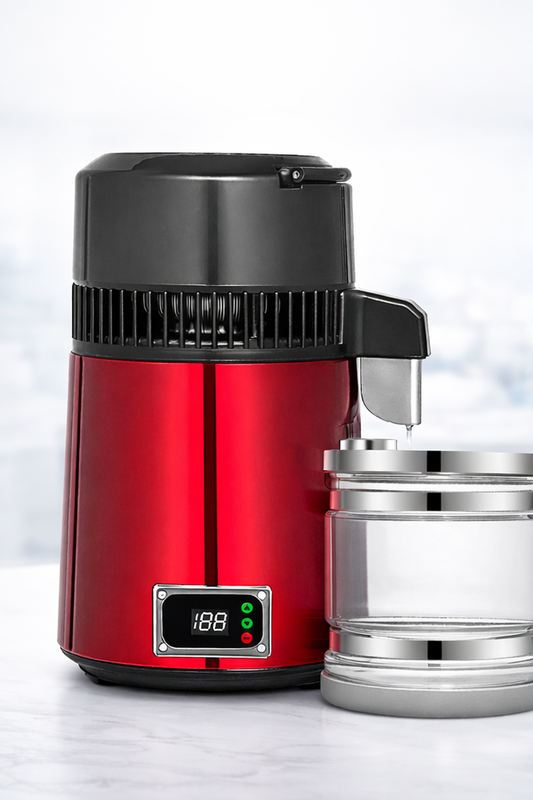 Dahili termostatlı kırmızı distile saf su cihazı, paslanmaz çelik hazne ve cam su kabı ile