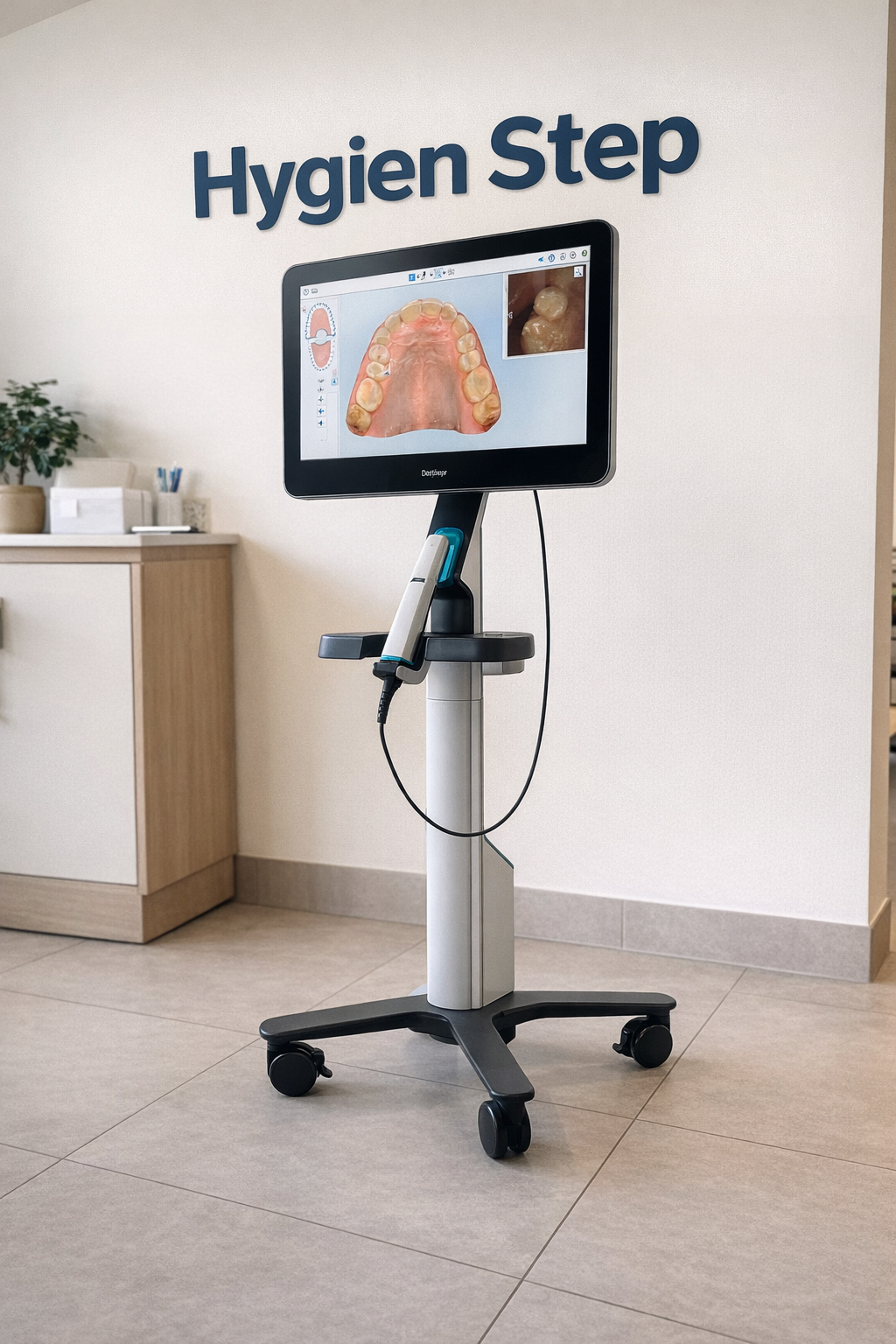 iTero Lumina ağız içi tarayıcı, diş kliniğinde mobil stand üzerinde, dokunmatik ekranında hastaya ait 3D üst çene görüntüsü gösteriyor.